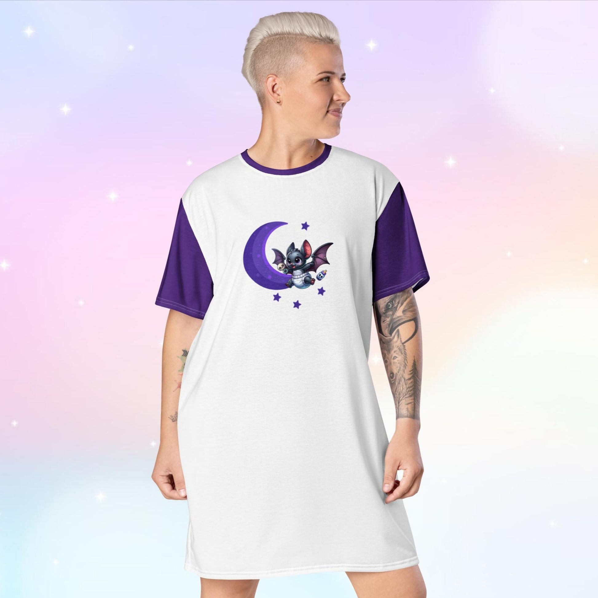 White night gown with dark purple trim and sleeves. Front image of night gown has a purple moon and stars with a baby bat wearing a diaper