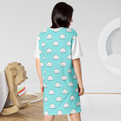 A teal adult nightgown featuring a cute design with white Kawaii bunny faces, creating a playful and cozy bedtime look.