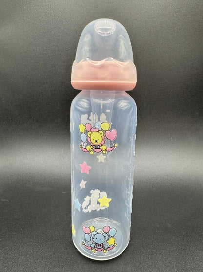Adult Baby bottle with pastel cartoon circus designs on a dark background