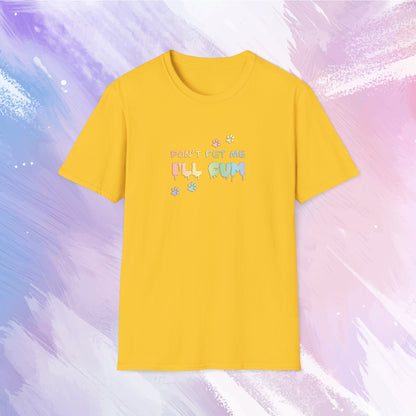 T-shirt featuring text saying "Don't pet me, I'll cum" in rainbow text with cute paw prints going across the text.