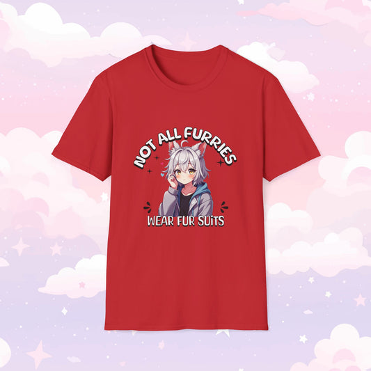 T-shirt featuring the phrase 'Not All Furries Wear Fursuits' with a blushing character wearing furry ears, embracing furry culture with a cute and playful design.