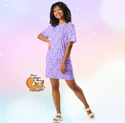 A whimsical adult nightgown featuring a galaxy fox theme, showcasing a vibrant design of pastel purple foxes surrounded by stars and cosmic patterns for a magical and cozy bedtime look.