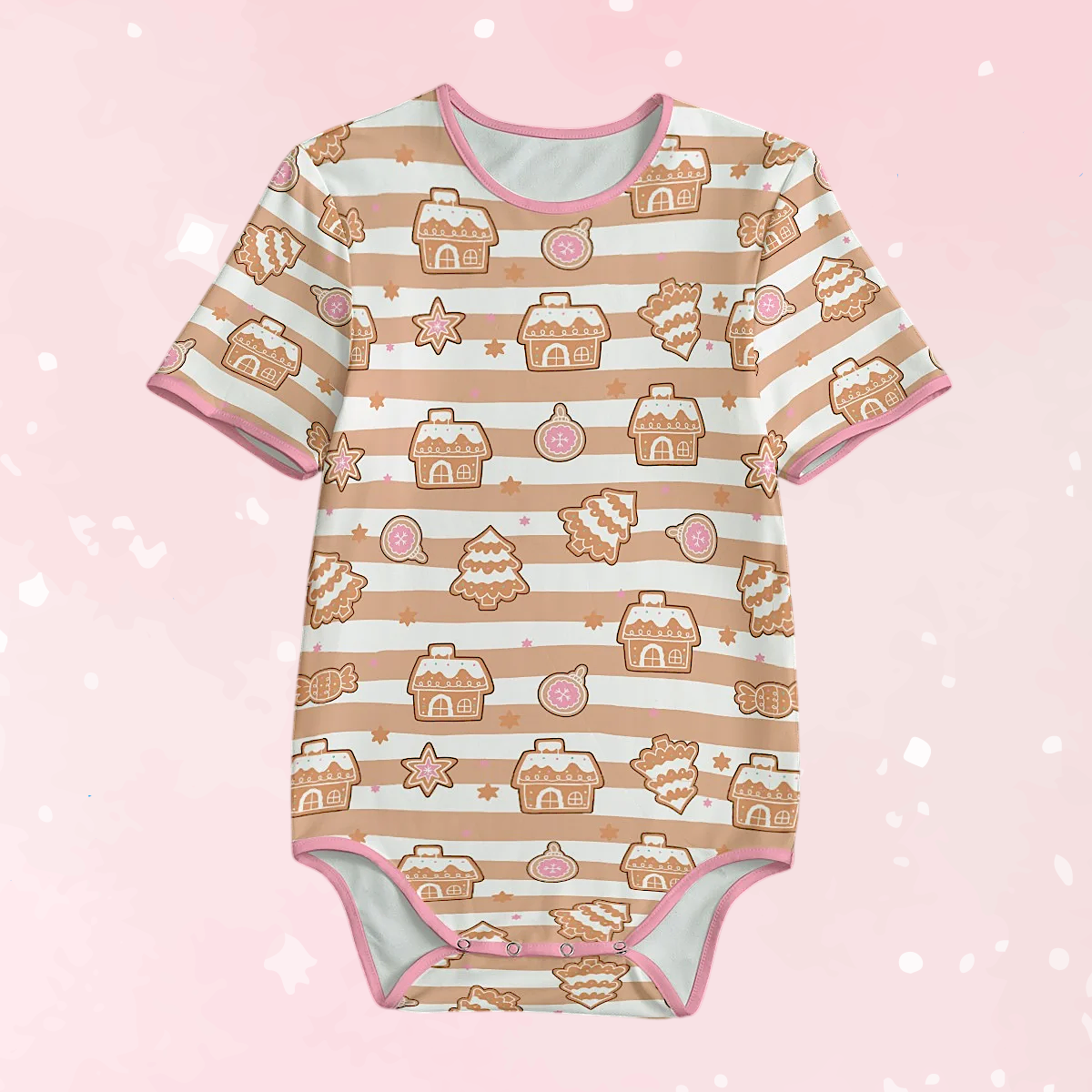 Adult Baby ABDL adorable gingerbread bodysuit with brown and tan stripes and pink trim