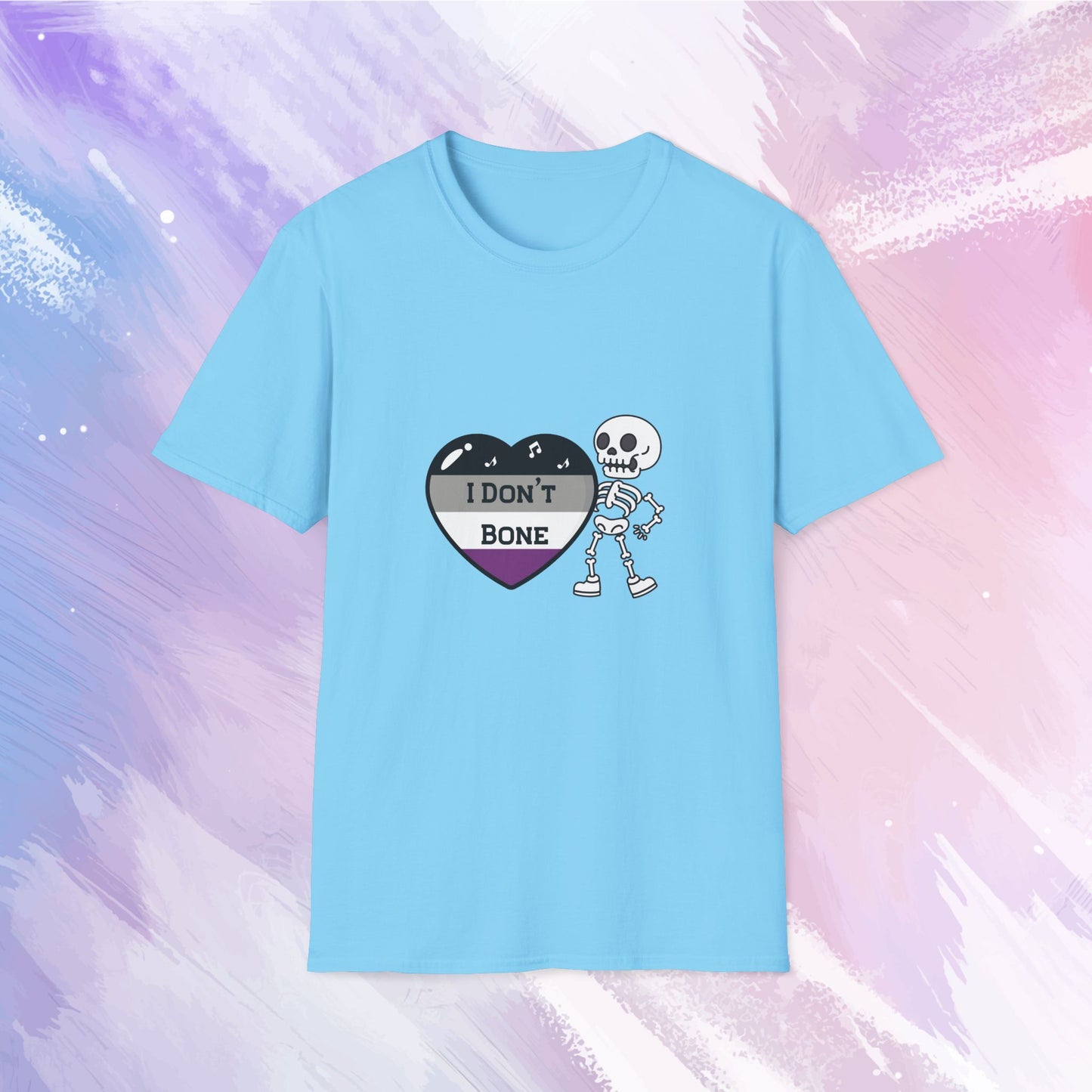 Asexual pride t-shirt featuring a skeleton holding a heart in asexual flag colors—black, gray, white, and purple—with the phrase 'I Don't Bone' in the center, combining pride with a playful spooky theme.