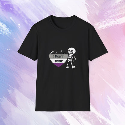 Asexual pride t-shirt featuring a skeleton holding a heart in asexual flag colors—black, gray, white, and purple—with the phrase 'I Don't Bone' in the center, combining pride with a playful spooky theme.