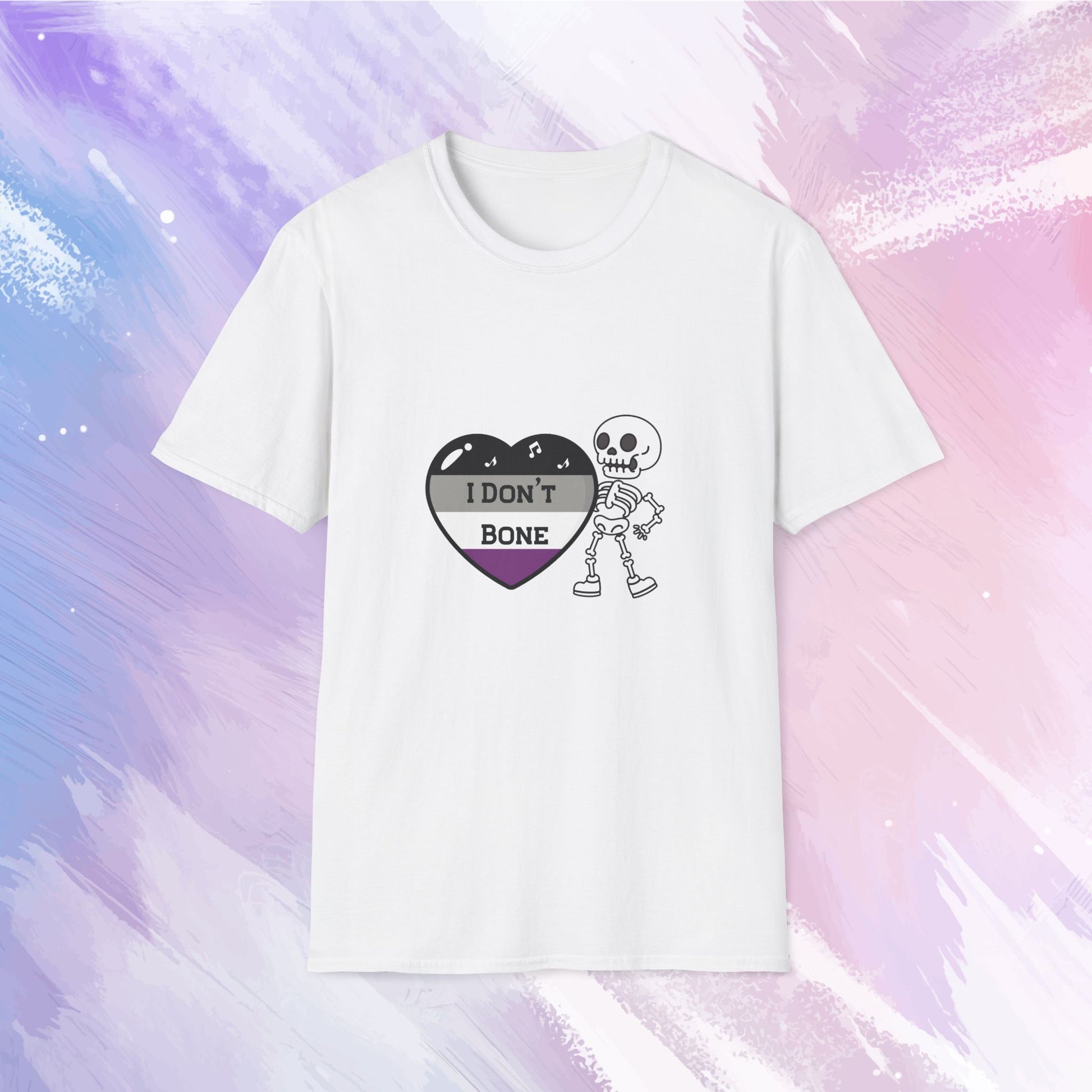 Asexual pride t-shirt featuring a skeleton holding a heart in asexual flag colors—black, gray, white, and purple—with the phrase 'I Don't Bone' in the center, combining pride with a playful spooky theme.