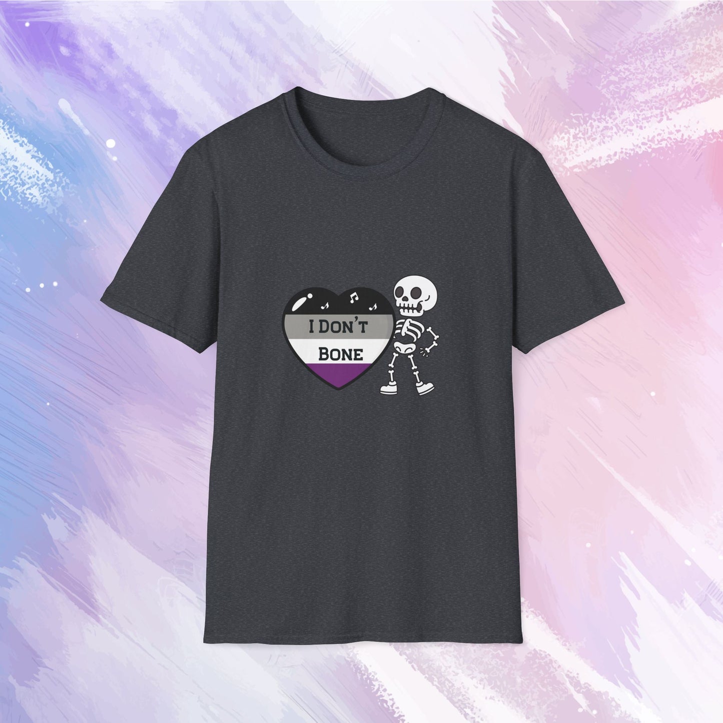 Asexual pride t-shirt featuring a skeleton holding a heart in asexual flag colors—black, gray, white, and purple—with the phrase 'I Don't Bone' in the center, combining pride with a playful spooky theme.