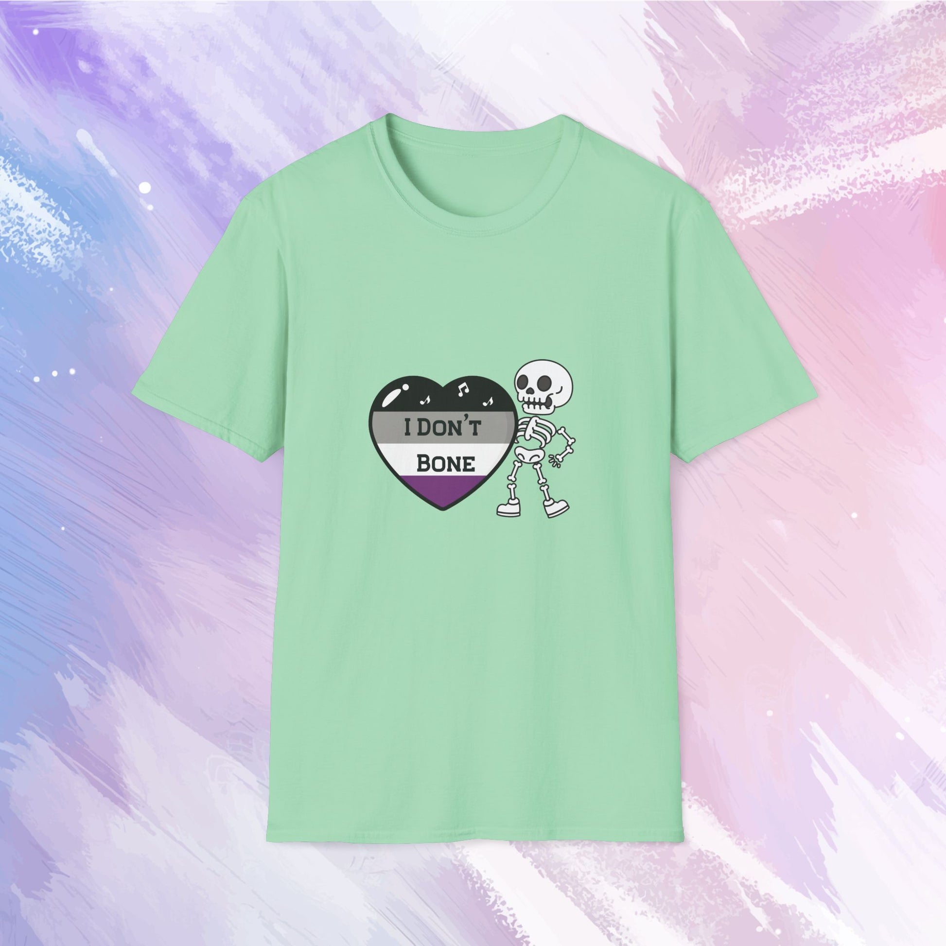 Asexual pride t-shirt featuring a skeleton holding a heart in asexual flag colors—black, gray, white, and purple—with the phrase 'I Don't Bone' in the center, combining pride with a playful spooky theme.