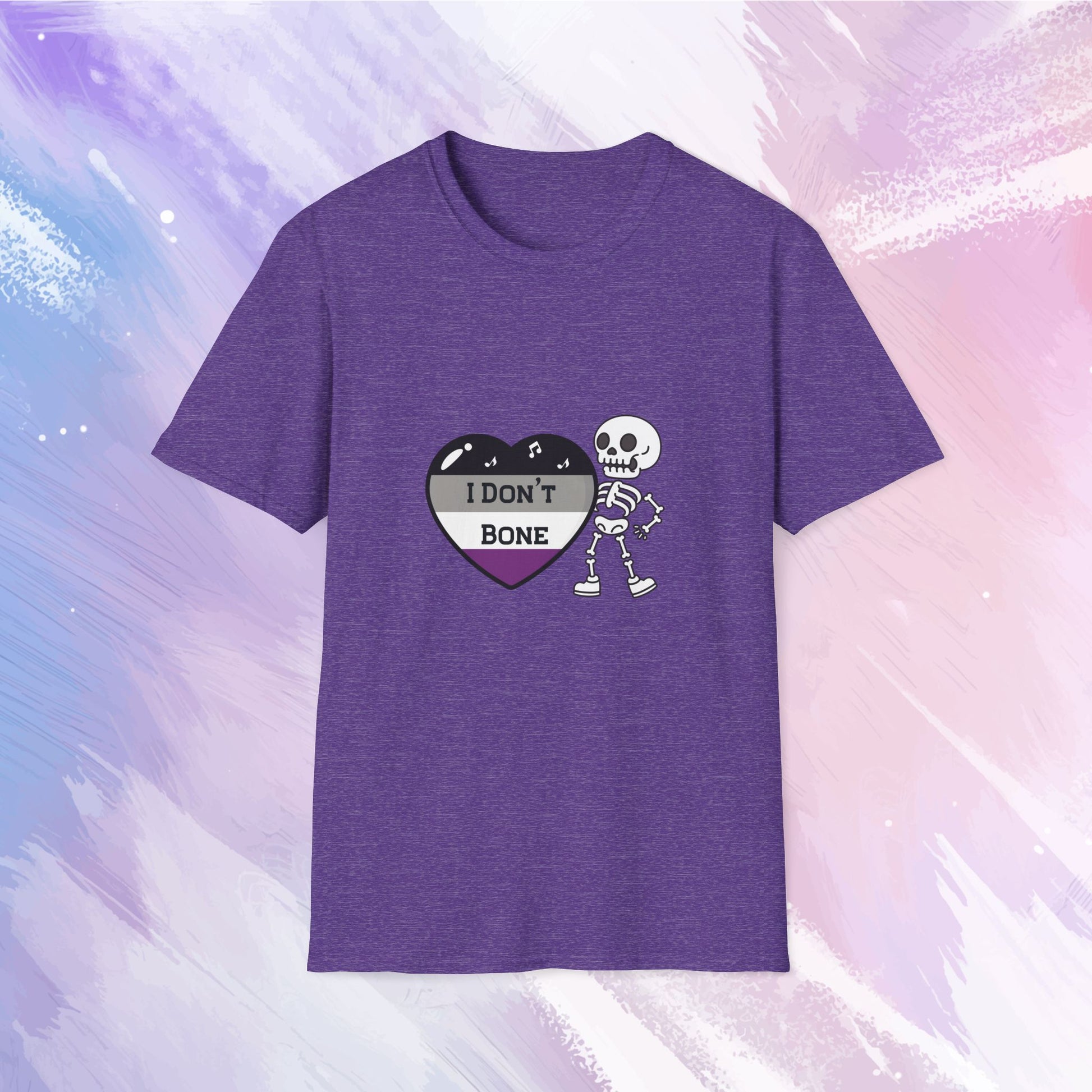 Asexual pride t-shirt featuring a skeleton holding a heart in asexual flag colors—black, gray, white, and purple—with the phrase 'I Don't Bone' in the center, combining pride with a playful spooky theme.