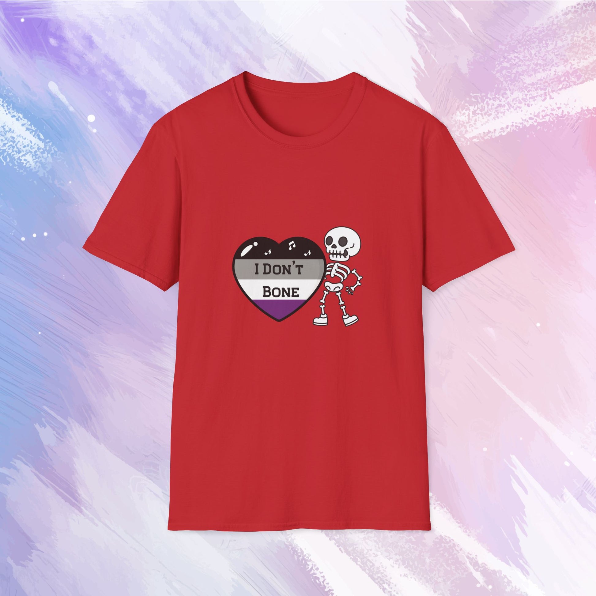 Asexual pride t-shirt featuring a skeleton holding a heart in asexual flag colors—black, gray, white, and purple—with the phrase 'I Don't Bone' in the center, combining pride with a playful spooky theme.