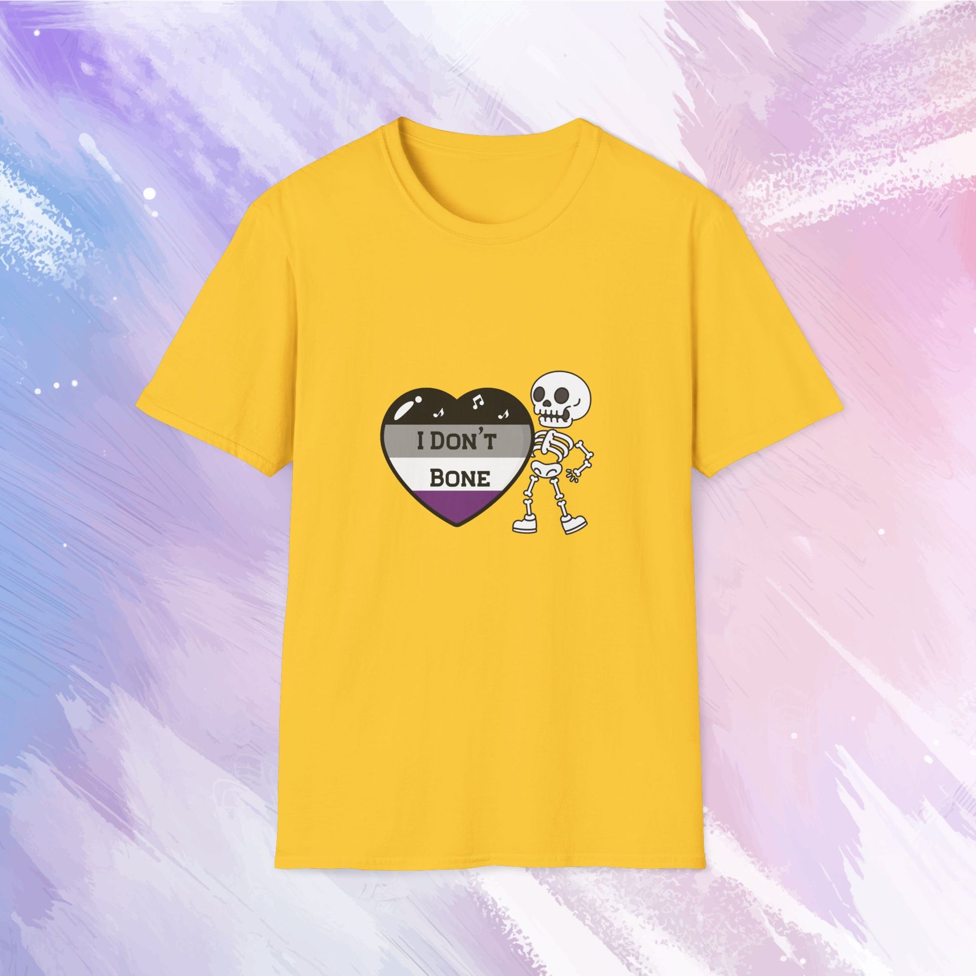 Asexual pride t-shirt featuring a skeleton holding a heart in asexual flag colors—black, gray, white, and purple—with the phrase 'I Don't Bone' in the center, combining pride with a playful spooky theme.