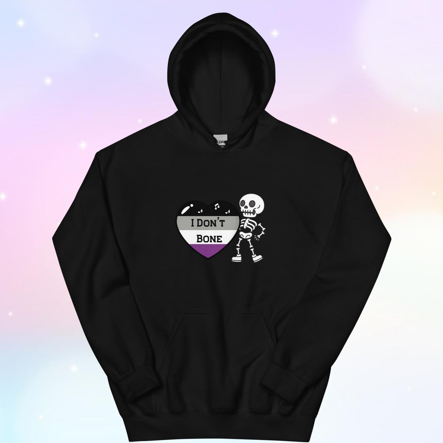 Asexual pride hoodie featuring a heart in asexual flag colors—black, gray, white, and purple—with the phrase 'I Don't Bone' in the center. A skeleton holds the heart, adding a playful yet bold design.