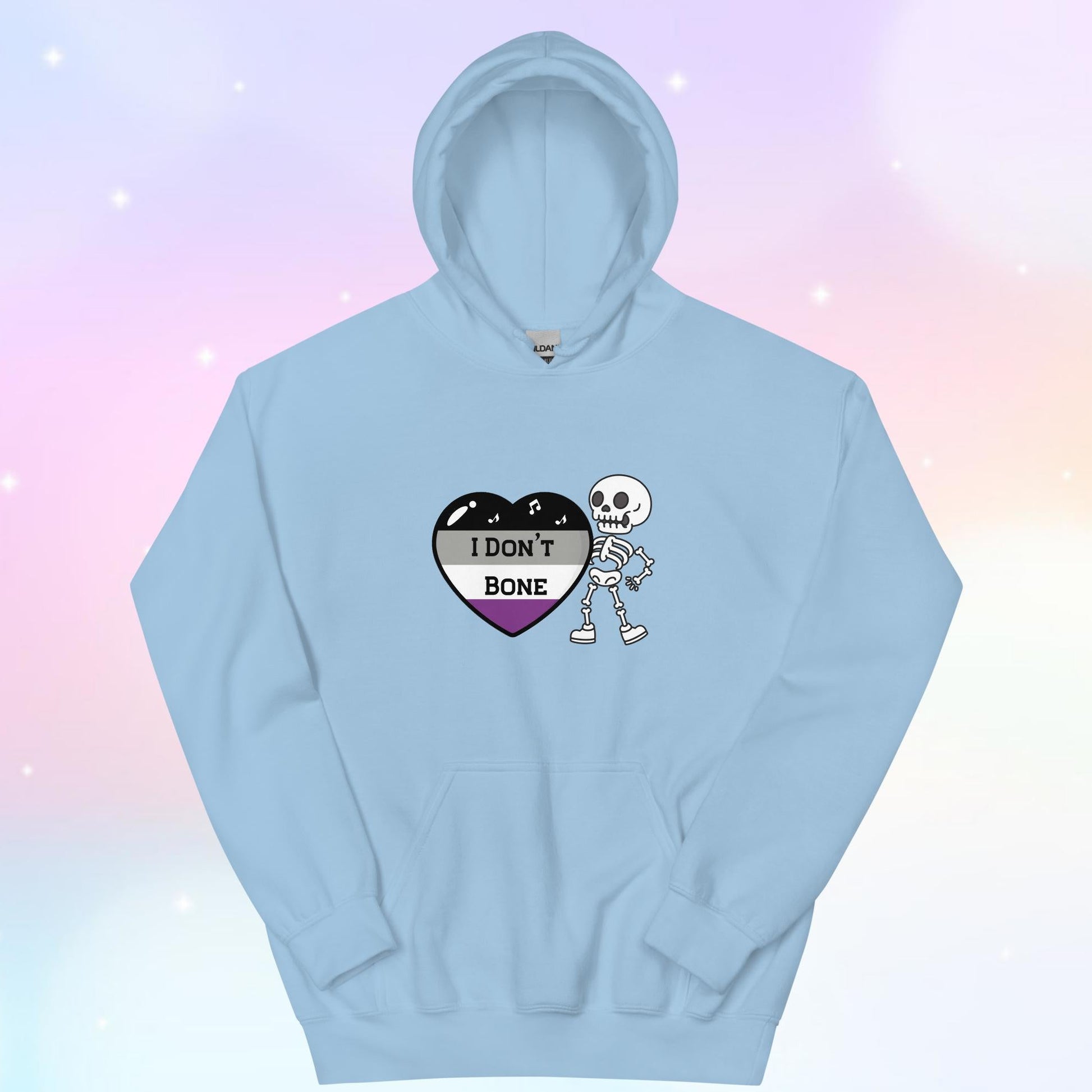 Asexual pride hoodie featuring a heart in asexual flag colors—black, gray, white, and purple—with the phrase 'I Don't Bone' in the center. A skeleton holds the heart, adding a playful yet bold design.