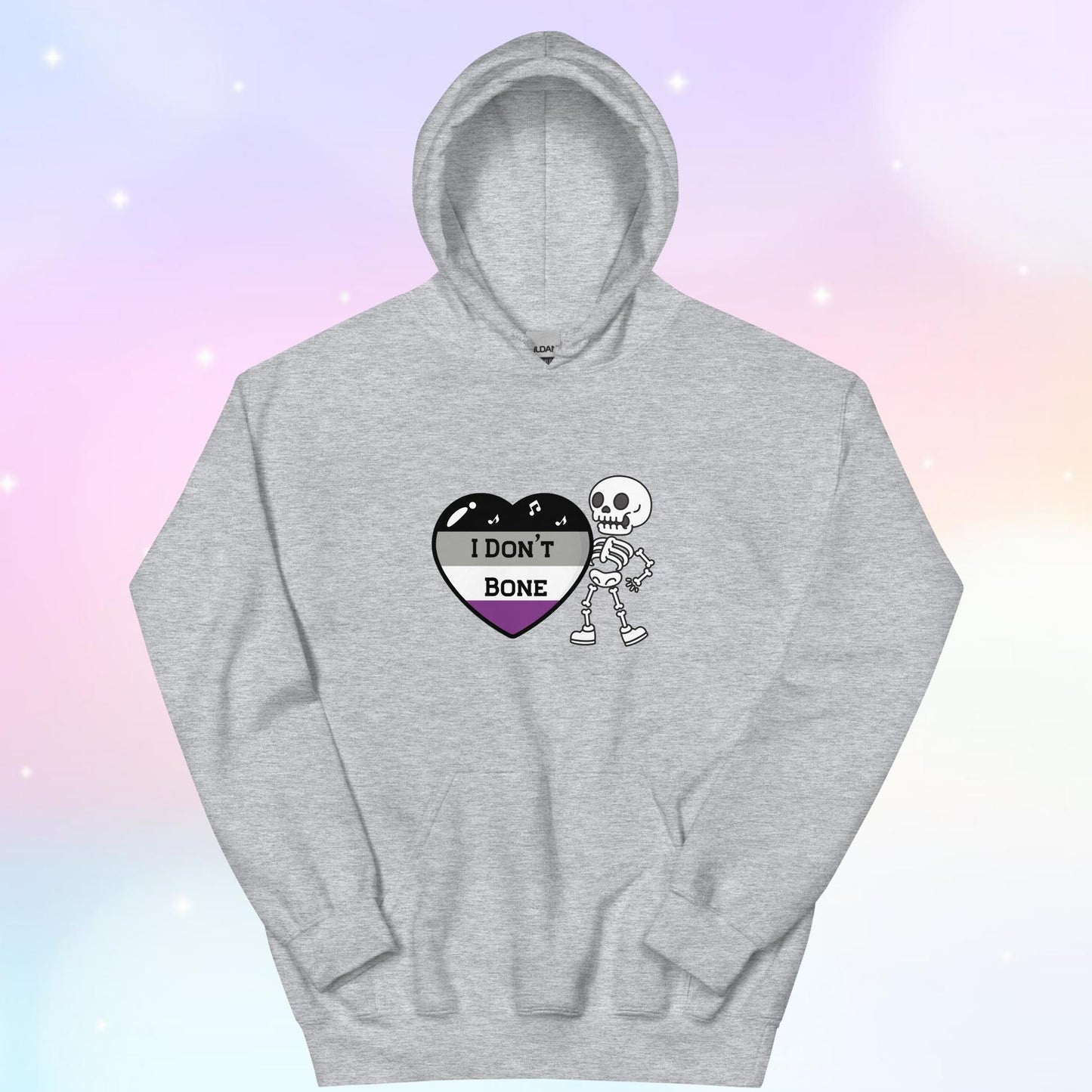 Asexual pride hoodie featuring a heart in asexual flag colors—black, gray, white, and purple—with the phrase 'I Don't Bone' in the center. A skeleton holds the heart, adding a playful yet bold design.