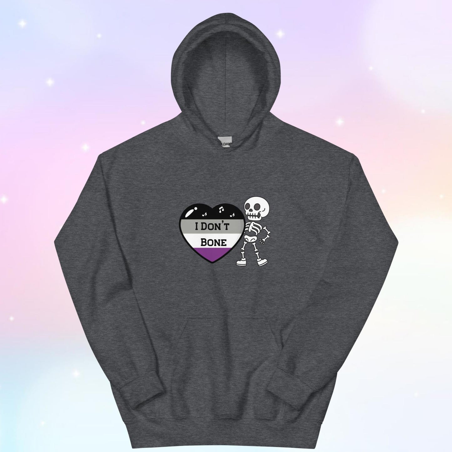 Asexual pride hoodie featuring a heart in asexual flag colors—black, gray, white, and purple—with the phrase 'I Don't Bone' in the center. A skeleton holds the heart, adding a playful yet bold design.