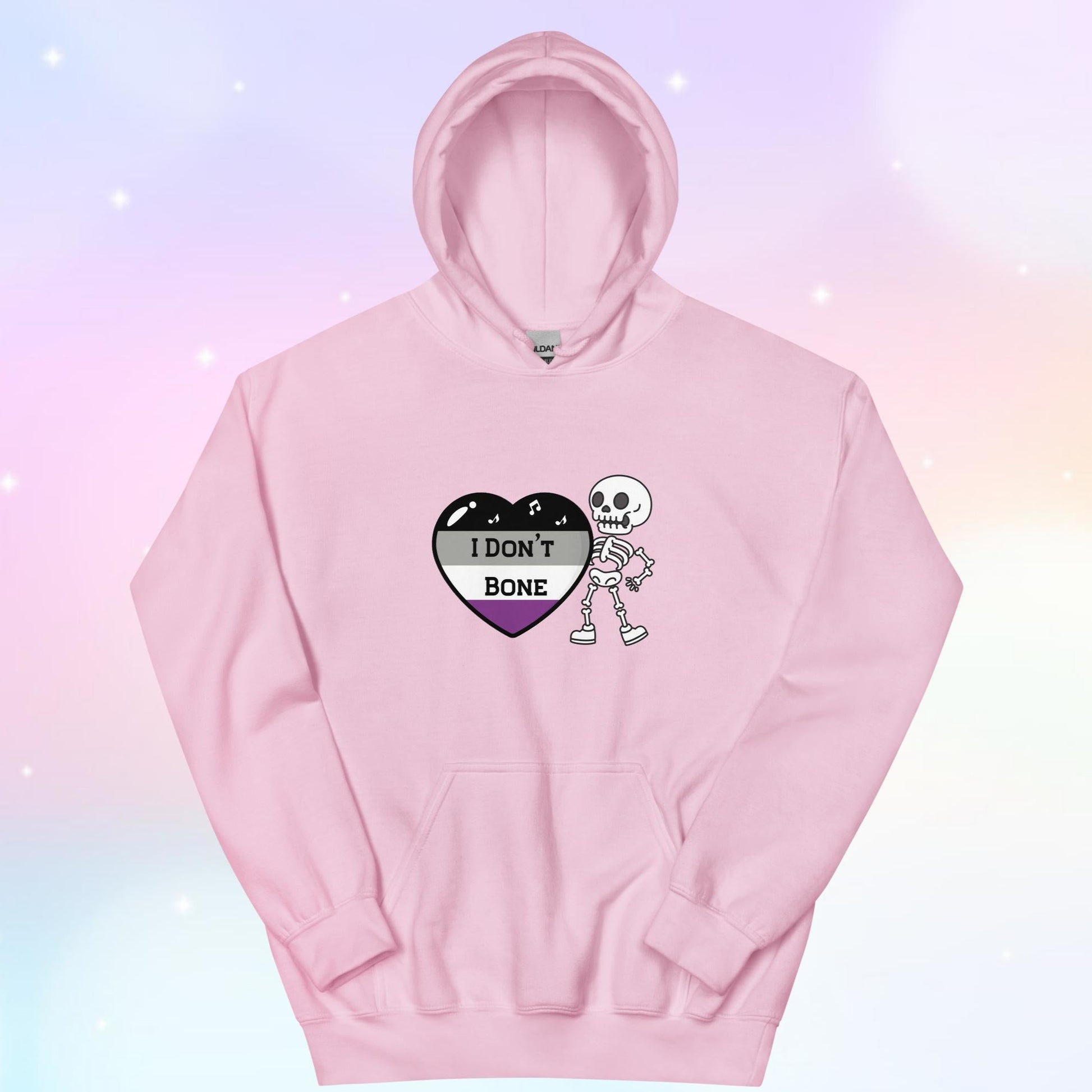 Asexual pride hoodie featuring a heart in asexual flag colors—black, gray, white, and purple—with the phrase 'I Don't Bone' in the center. A skeleton holds the heart, adding a playful yet bold design.