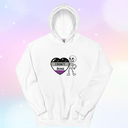 Asexual pride hoodie featuring a heart in asexual flag colors—black, gray, white, and purple—with the phrase 'I Don't Bone' in the center. A skeleton holds the heart, adding a playful yet bold design.