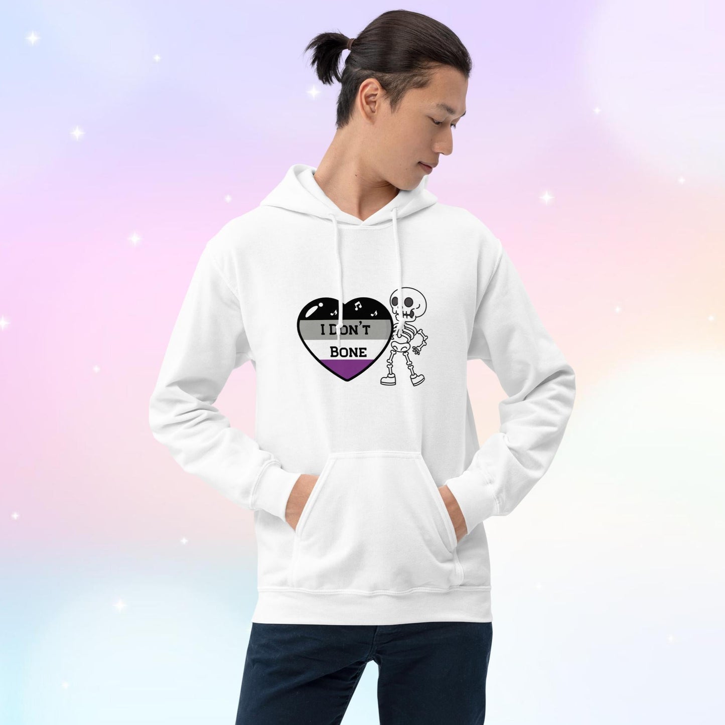 Asexual pride hoodie featuring a heart in asexual flag colors—black, gray, white, and purple—with the phrase 'I Don't Bone' in the center. A skeleton holds the heart, adding a playful yet bold design.