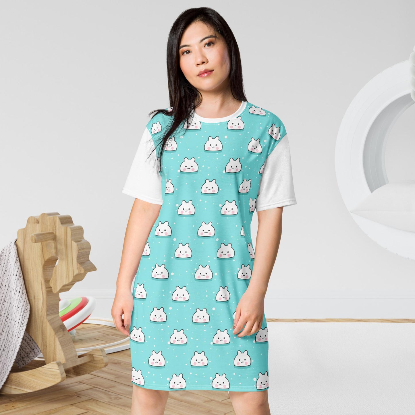 A teal adult nightgown featuring a cute design with white Kawaii bunny faces, creating a playful and cozy bedtime look.