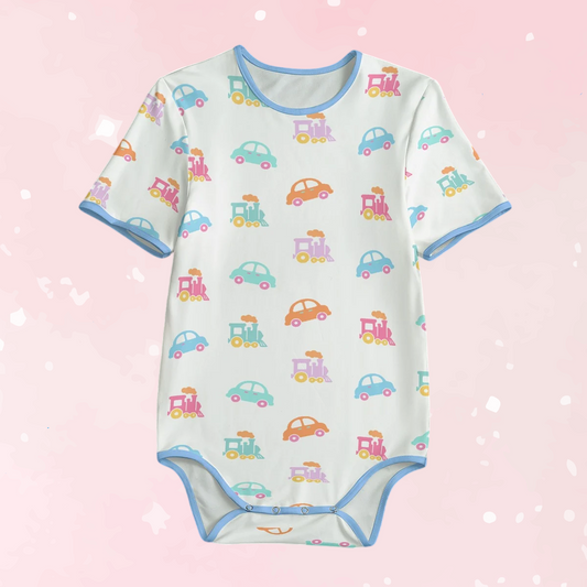 Pastel Cars & Trains Short Sleeve CuddleSuit