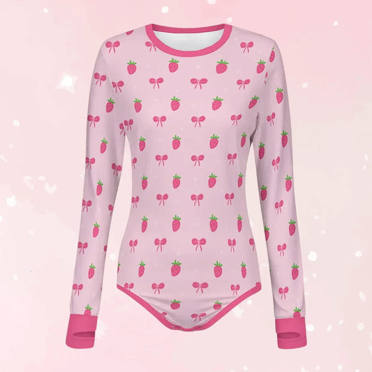 Strawberry Bow Long Sleeve CuddleSuit