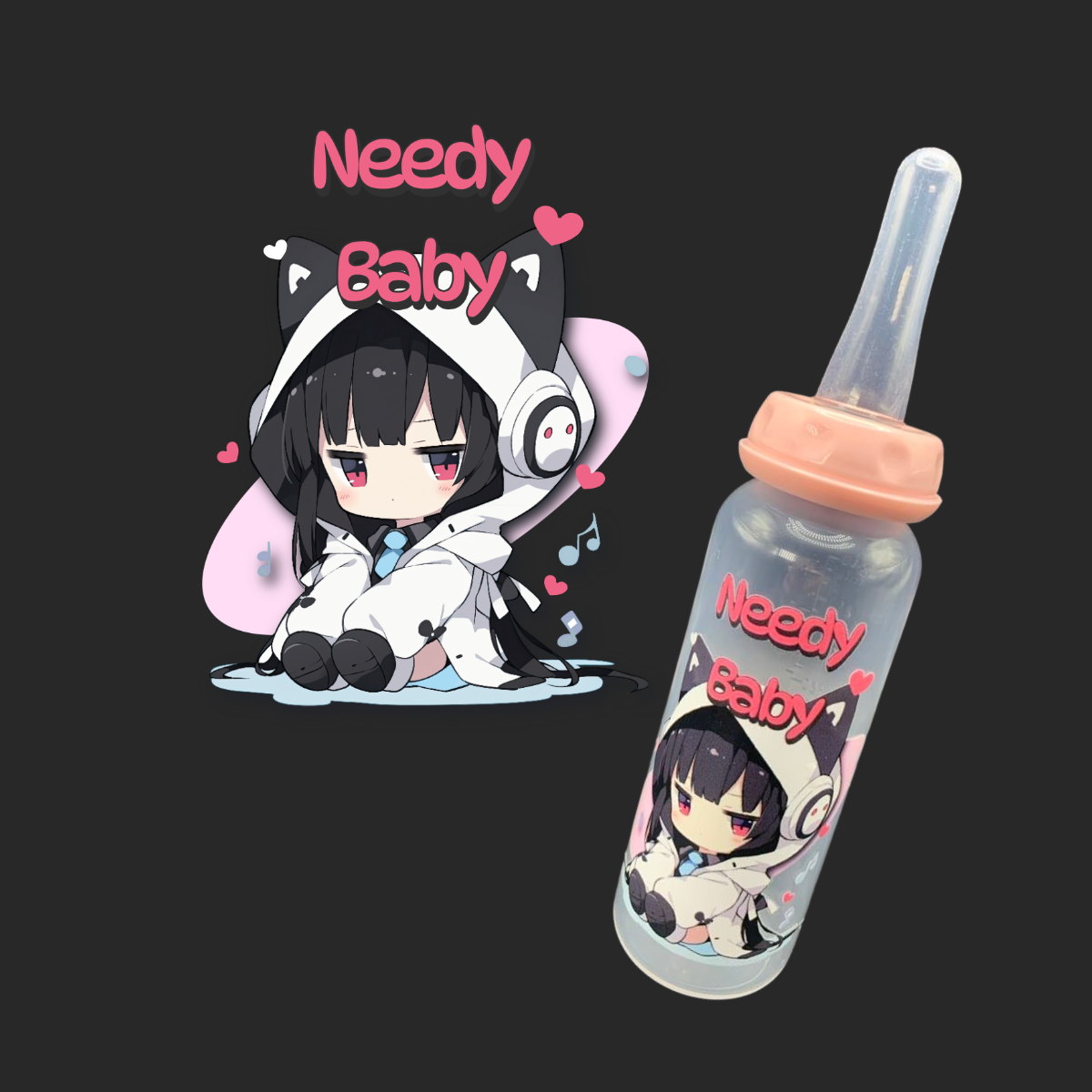 adult baby bottle with kawaii cat girl listening to music with the text needy baby above her head