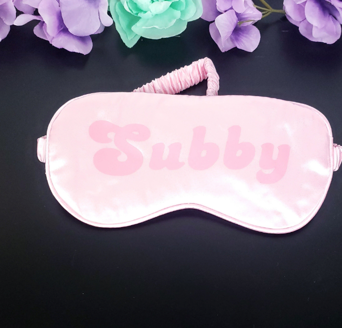 sensory play adult blindfold that says Subby on the front