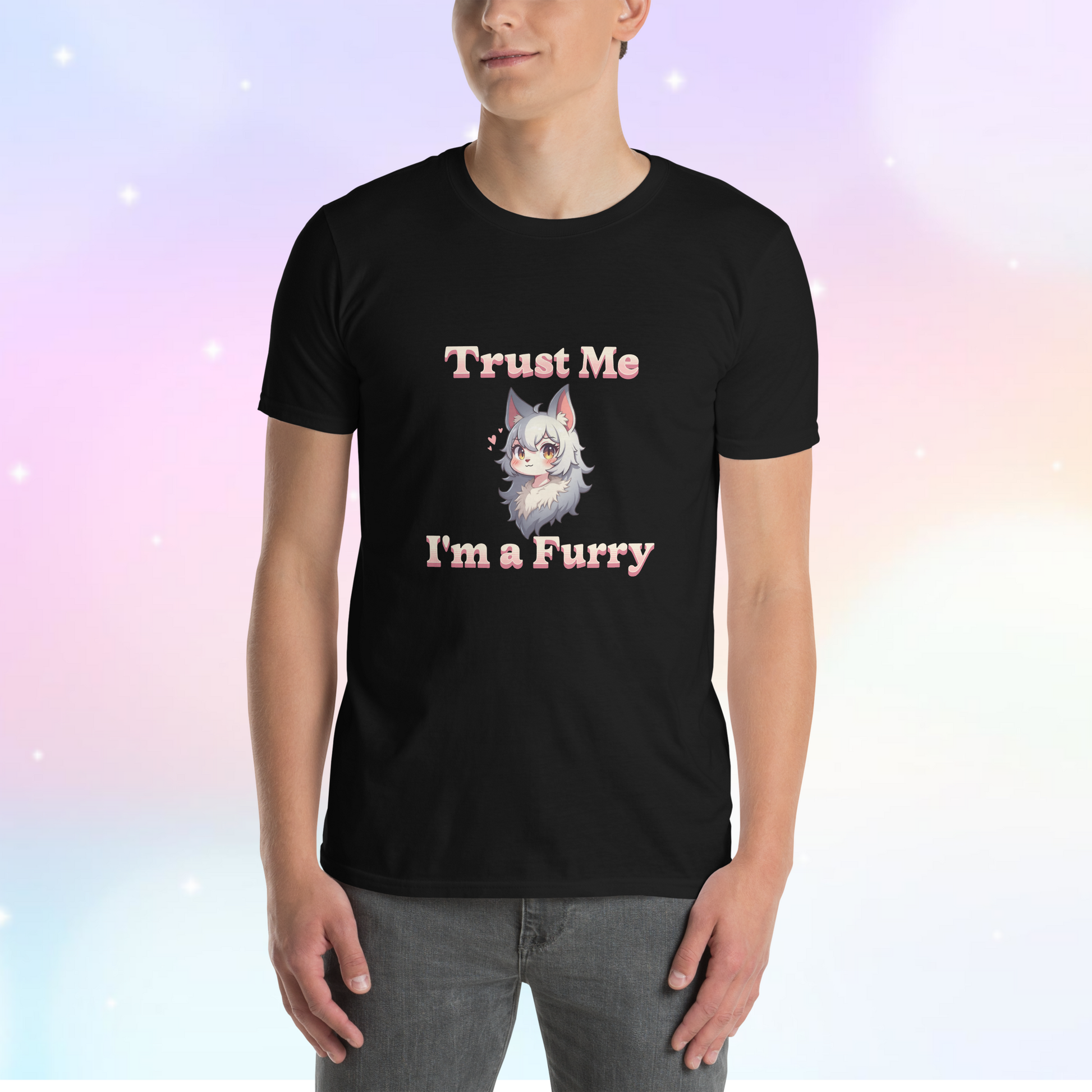 T-shirt featuring the phrase 'Trust Me, I'm a Furry' alongside a cute fursona character, celebrating furry pride with a fun and playful design.