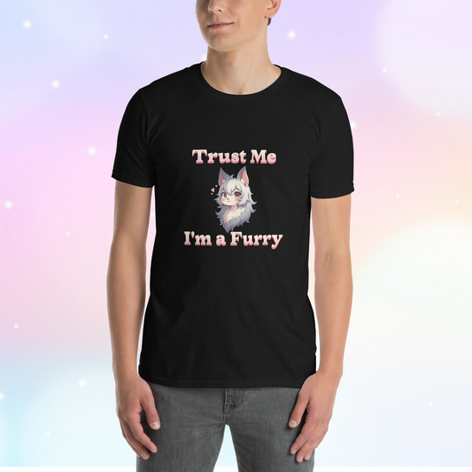 T-shirt featuring the phrase 'Trust Me, I'm a Furry' alongside a cute fursona character, celebrating furry pride with a fun and playful design.