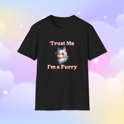 T-shirt featuring the phrase 'Trust Me, I'm a Furry' alongside a cute fursona character, celebrating furry pride with a fun and playful design.