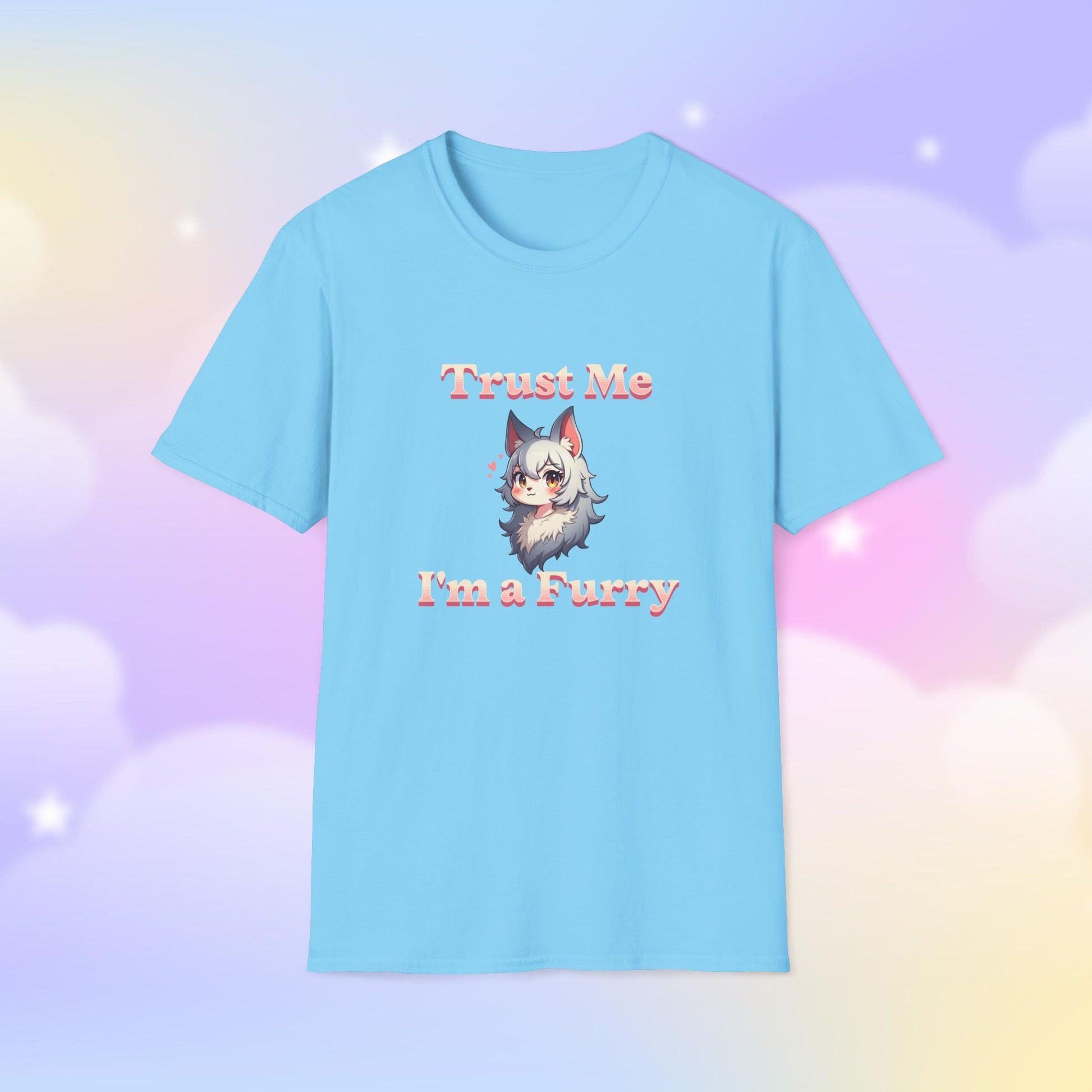 T-shirt featuring the phrase 'Trust Me, I'm a Furry' alongside a cute fursona character, celebrating furry pride with a fun and playful design.