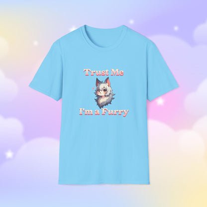 T-shirt featuring the phrase 'Trust Me, I'm a Furry' alongside a cute fursona character, celebrating furry pride with a fun and playful design.