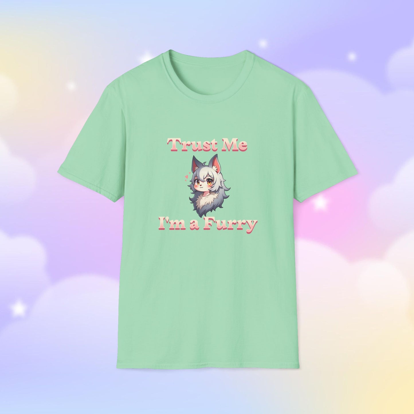 T-shirt featuring the phrase 'Trust Me, I'm a Furry' alongside a cute fursona character, celebrating furry pride with a fun and playful design.