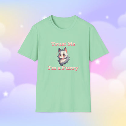 T-shirt featuring the phrase 'Trust Me, I'm a Furry' alongside a cute fursona character, celebrating furry pride with a fun and playful design.