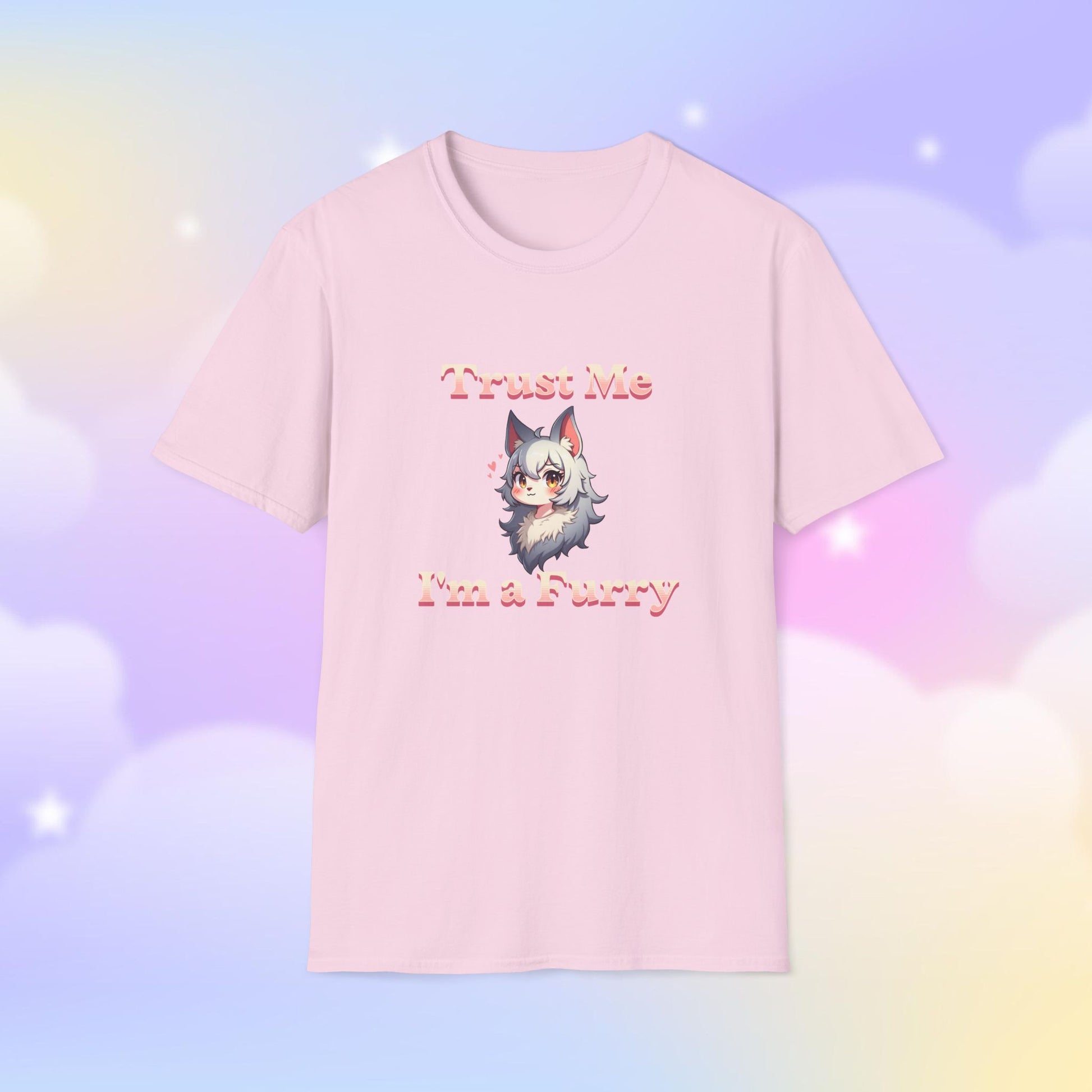 T-shirt featuring the phrase 'Trust Me, I'm a Furry' alongside a cute fursona character, celebrating furry pride with a fun and playful design.