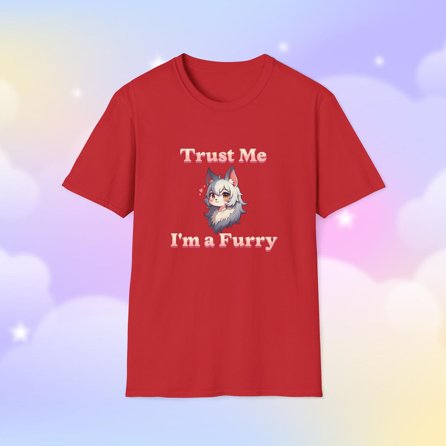 T-shirt featuring the phrase 'Trust Me, I'm a Furry' alongside a cute fursona character, celebrating furry pride with a fun and playful design.