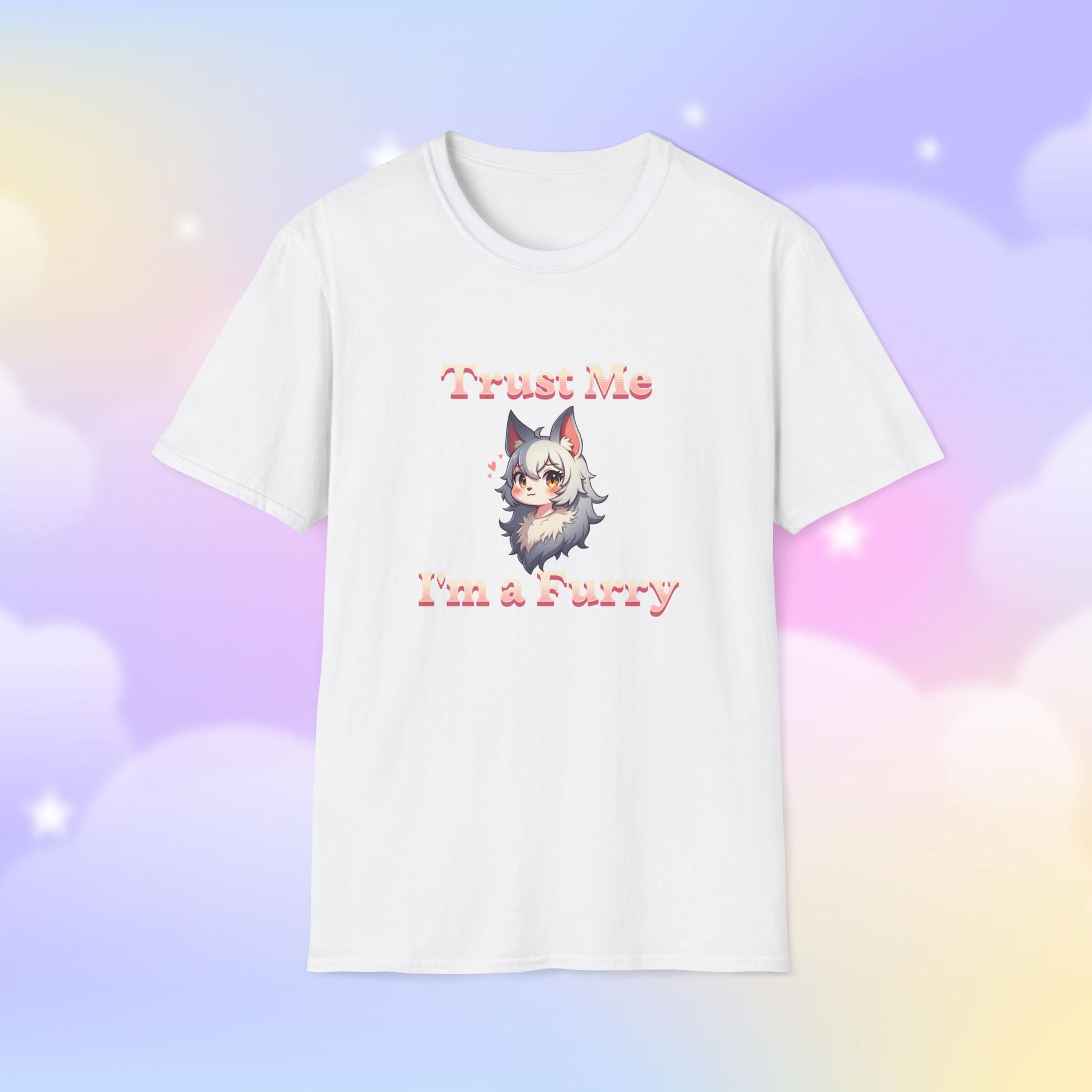 T-shirt featuring the phrase 'Trust Me, I'm a Furry' alongside a cute fursona character, celebrating furry pride with a fun and playful design.