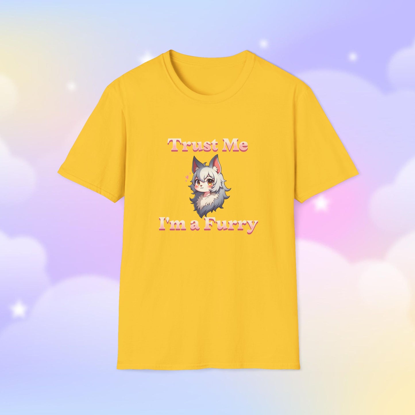 T-shirt featuring the phrase 'Trust Me, I'm a Furry' alongside a cute fursona character, celebrating furry pride with a fun and playful design.