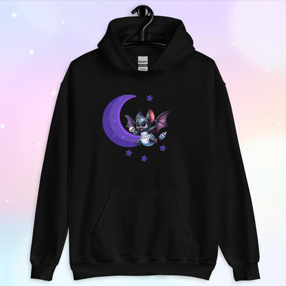 black unisex adult hoodie with kawaii bat wearing a diaper with a purple moon and stars in the background