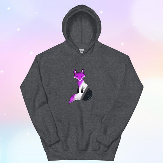 A cozy hoodie featuring a stylized fox design in asexual pride flag colors—black, gray, white, and purple—celebrating ace pride with a cute and subtle aesthetic.