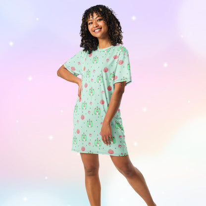 Nightgown T-shirt dress featuring kawaii frogs with watermelons, lotus flowers, and leaves, creating a cute and whimsical design perfect for cozy nights.