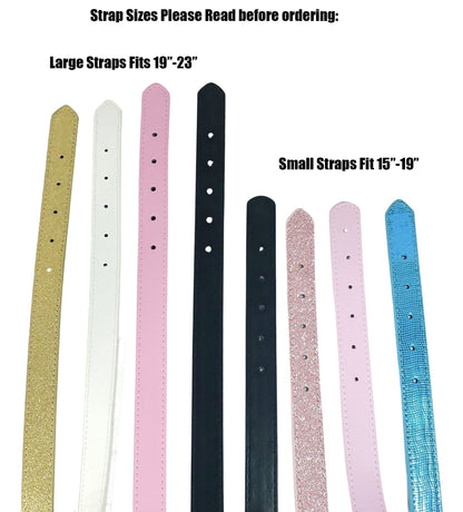 adult pacifier gag straps in various colors, gold, pink, white, blue, black and glitter pink