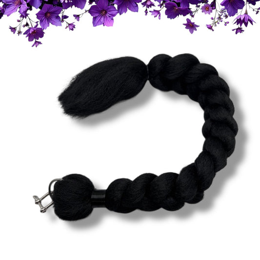 25 inch long black pony tail with )ring and horse shoe ring attachment for easy wearing on belt or adult toys