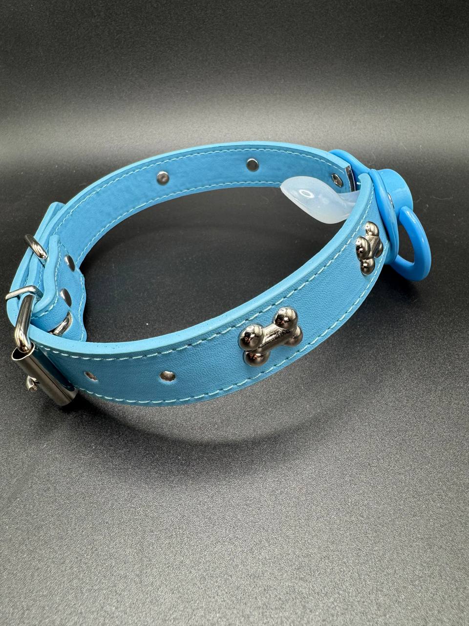 Blue leather dog collar straps with metal dog bone studs with adult pacifier attached
