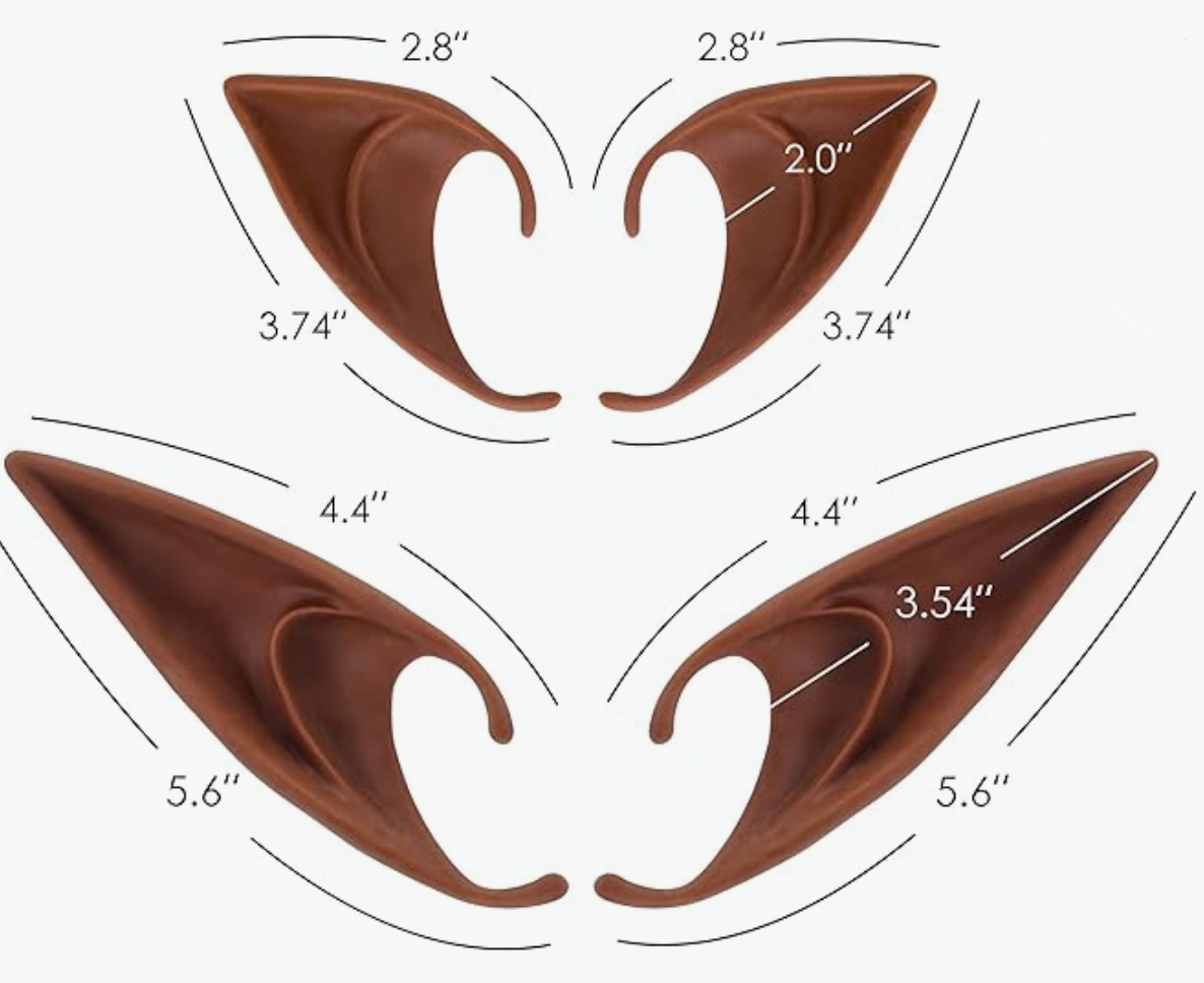 Brown elf ears with measurements on a white background