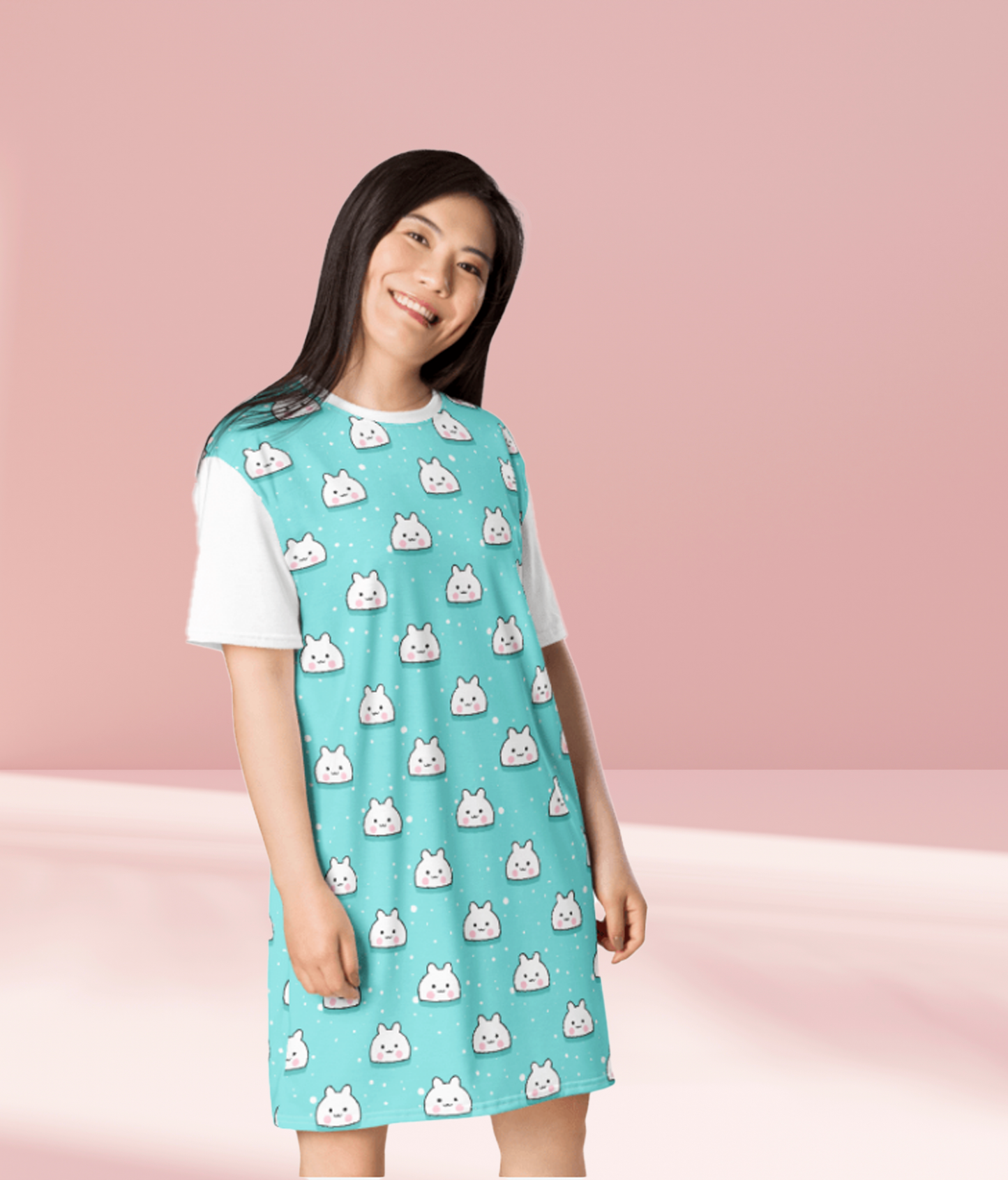 A teal adult nightgown featuring a cute design with white Kawaii bunny faces, creating a playful and cozy bedtime look.