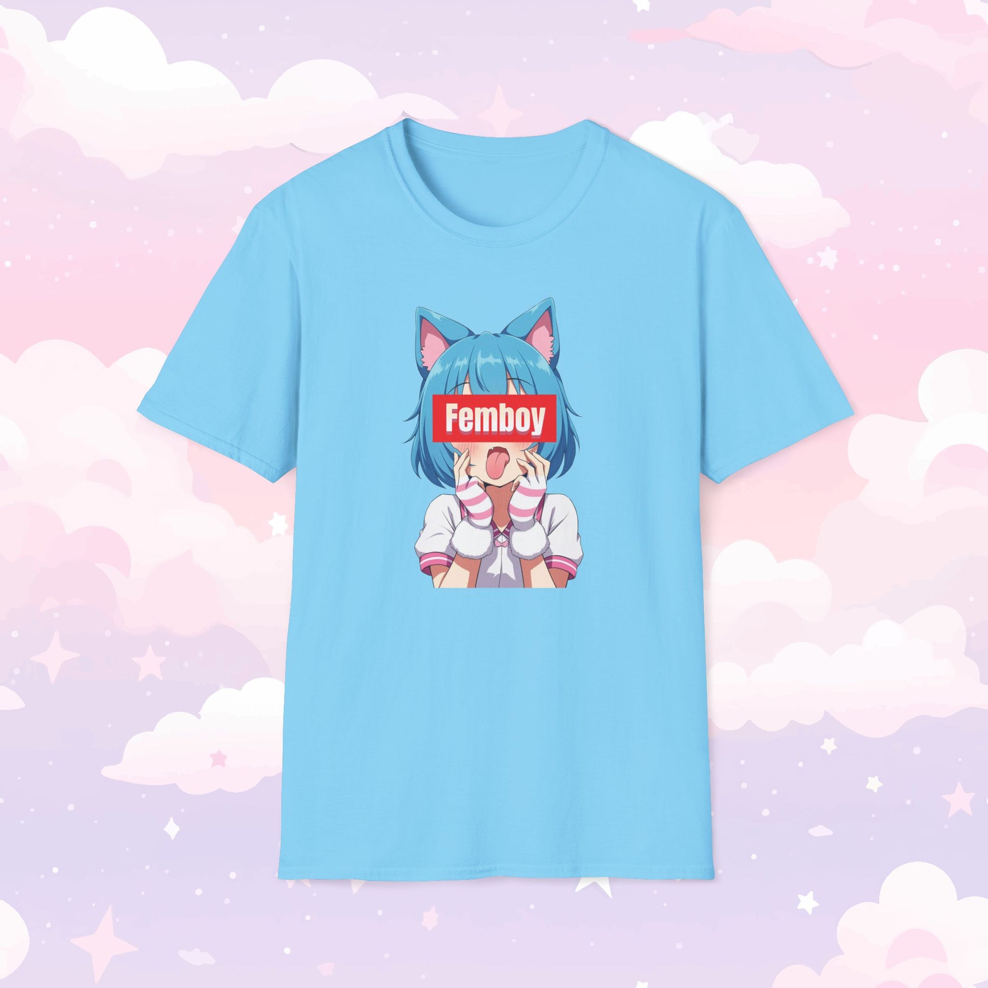 Shirt featuring a kawaii character with cat ears sticking their tongue out, with the word 'Femboy' written over their face in bold, stylish text.