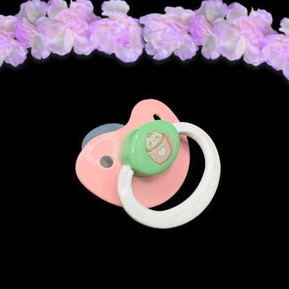 adult dummy pacifier with coffee cup with cat foam topping image on button