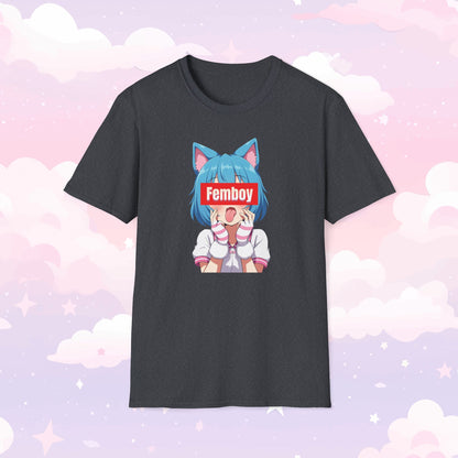 Shirt featuring a kawaii character with cat ears sticking their tongue out, with the word 'Femboy' written over their face in bold, stylish text.