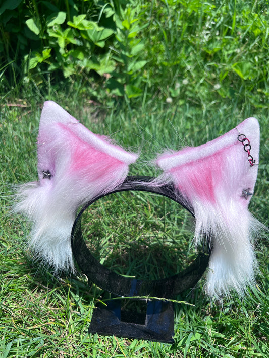 Pink and white fluffy kitten ears headband with star piercings and chain